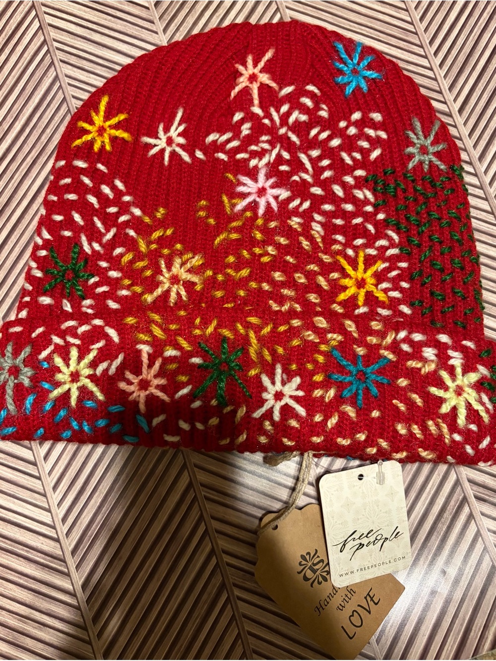 NWT Free People De Sienna Embroidered Beanie in Red